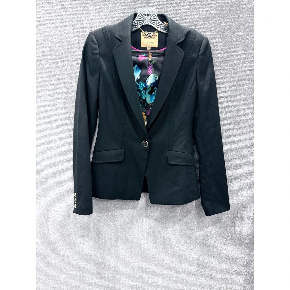 Ted Baker Blazer Women 1 Black Miako Wool Blend‎ Floral Lining Jacket